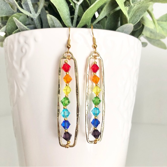 New Sparkling Glass Crystal 18k Gold Plated Hooks Dangling Hoop Rainbow Earrings - Picture 10 of 11